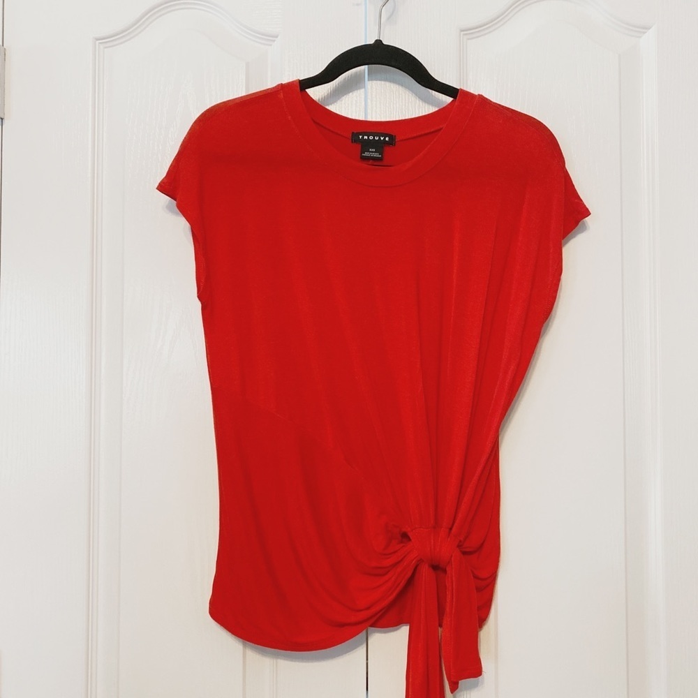 Trouvé Woman’s Short Sleeve Top With Side Tie Details Rayon Red Size XXS